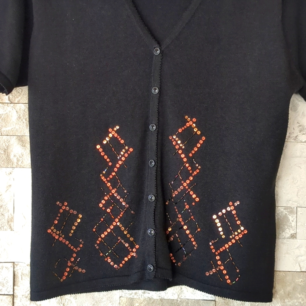 R&K VTG 90's Short Sleeve Cardigan Sweater Sz 6 Black Whimsigoth Beads & Sequins